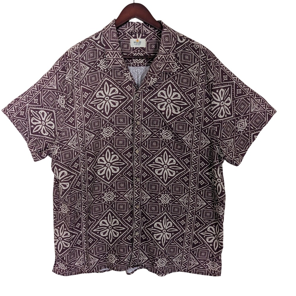 Marine Layer Mens XX-Large Burgundy Geometric Floral Tencel Linen Camp Shirt